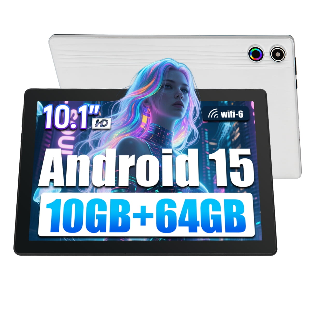 AEEZO 10.1inch Android 14 Tablet, Octa-Core Touch Screen Tablet, 10GB RAM+64GB ROM(Expand to 1tb), 5MP+8MP Dual Cameras, Dynamic Halo, Face ID, Bluetooth, WiFi 6, 5000mAh Battery,White