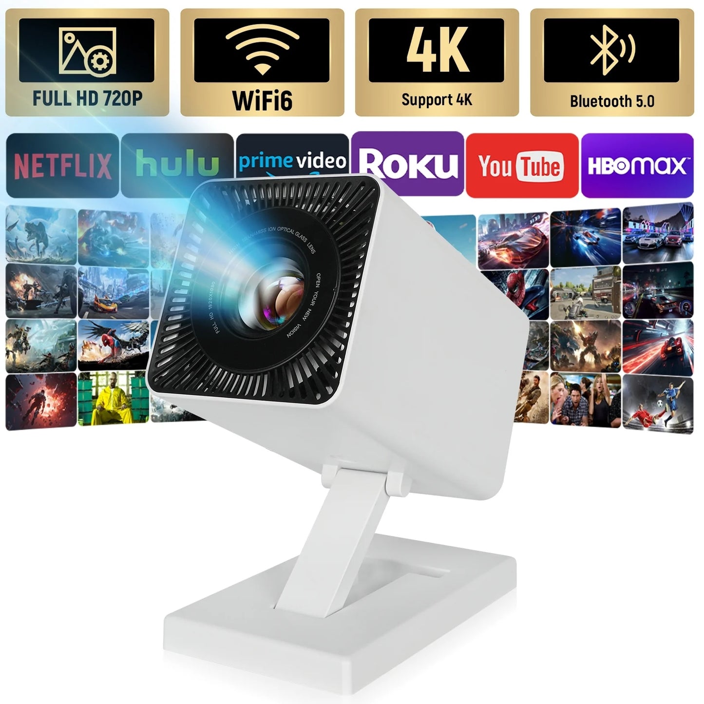 180°Adjustable Stand,Electric Focus,Built-in App,Mini projector with Bluetooth,Outdoor Portable Projector 1080P Support,Home Theater Movie Projector Compatible with Android/iOS/TV Stick/HDMI/USB