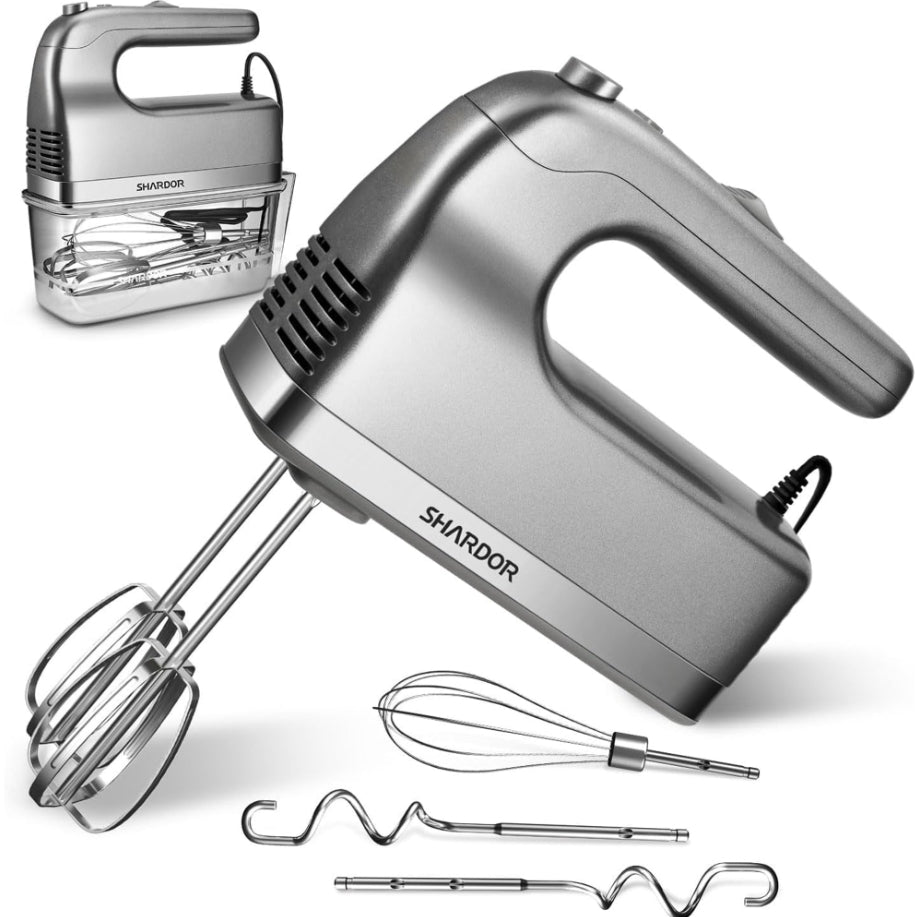GDOR Hand Mixer, 450W Handheld Mixer with Storage Case 5-Speed Plus Turbo Hand Mixer Electric With 5 Stainless Steel Attachments(2 Beaters, 2 Dough Hooks and 1 Whisk), Silver