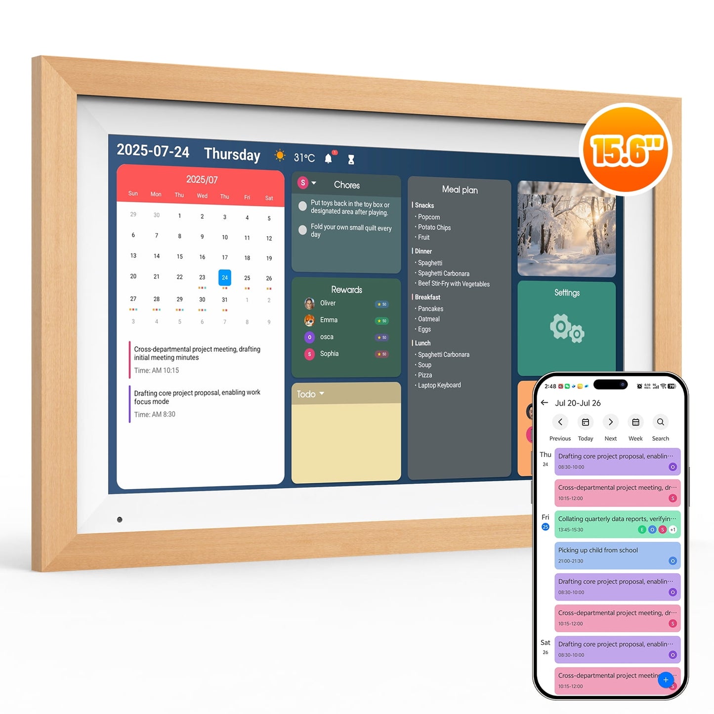 AEEZO Wifi15.6" Smart Digital Calendar ¨C 1920¡Á1080 Full HD Touchscreen Family Planner & Calendar with Chore Chart & Meal Planner, Wall-Mountable,White+Wooden Frame