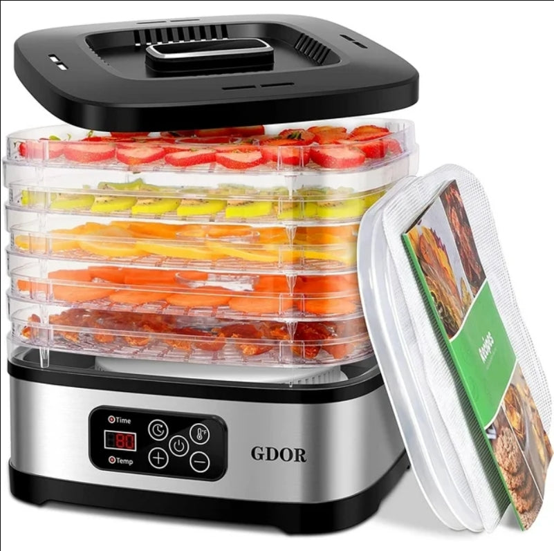 GDOR Food Dehydrator Includes Mesh Screen, Fruits Roll Sheet, Recipes, GDOR 5 Trays Dehydrator Machine with Temp Control & 72H Timer & LED Display, for Jerky, Fruit, Veggie, Herb, Dog Treat, BPA-Free