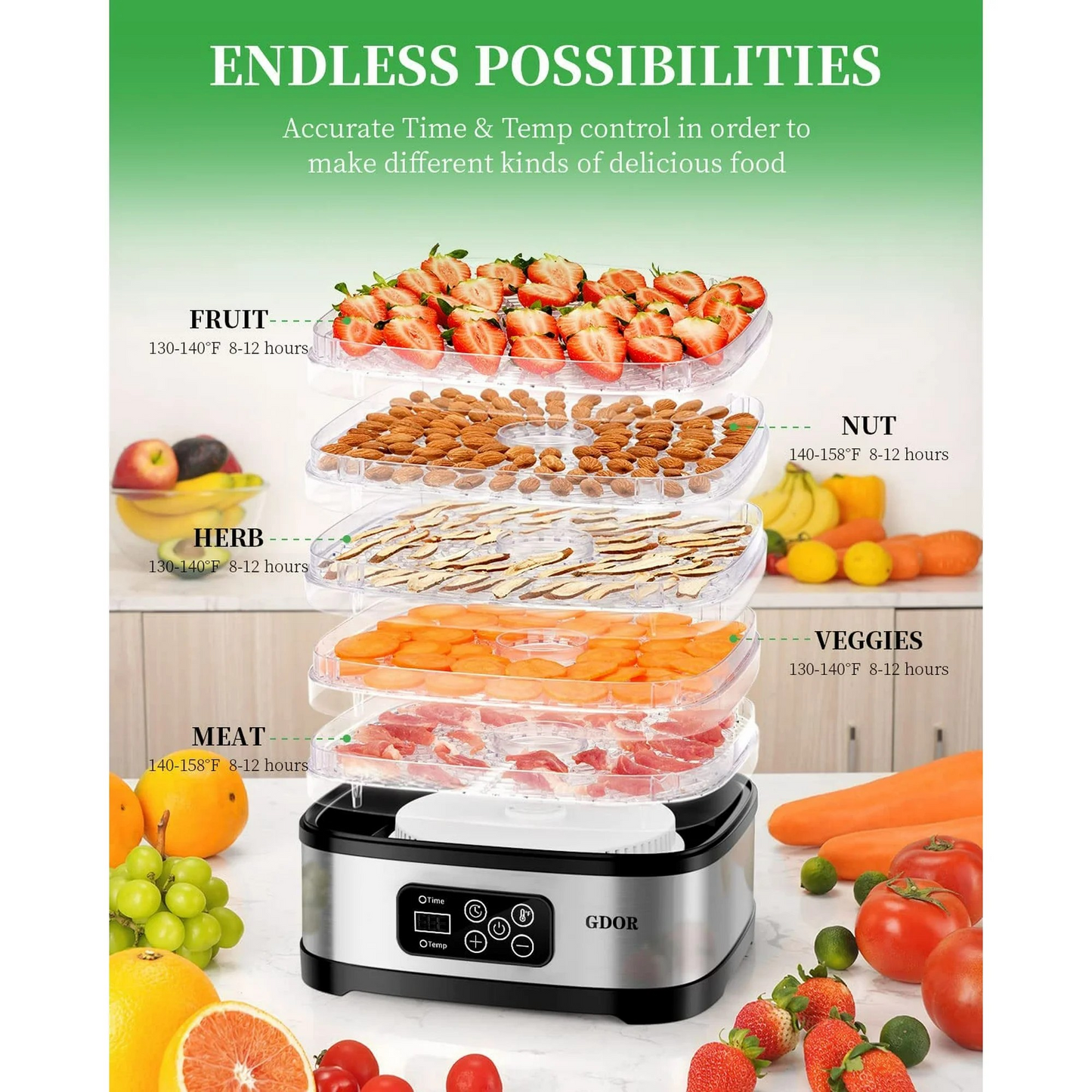 Food Dehydrator Includes Mesh Screen, Fruits Roll Sheet, Recipes, 5 Trays Dehydrator Machine with Temp Control & 72H Timer & LED Display, for Jerky, Fruit, Veggie, Herb, Dog Treat, BPA-Free