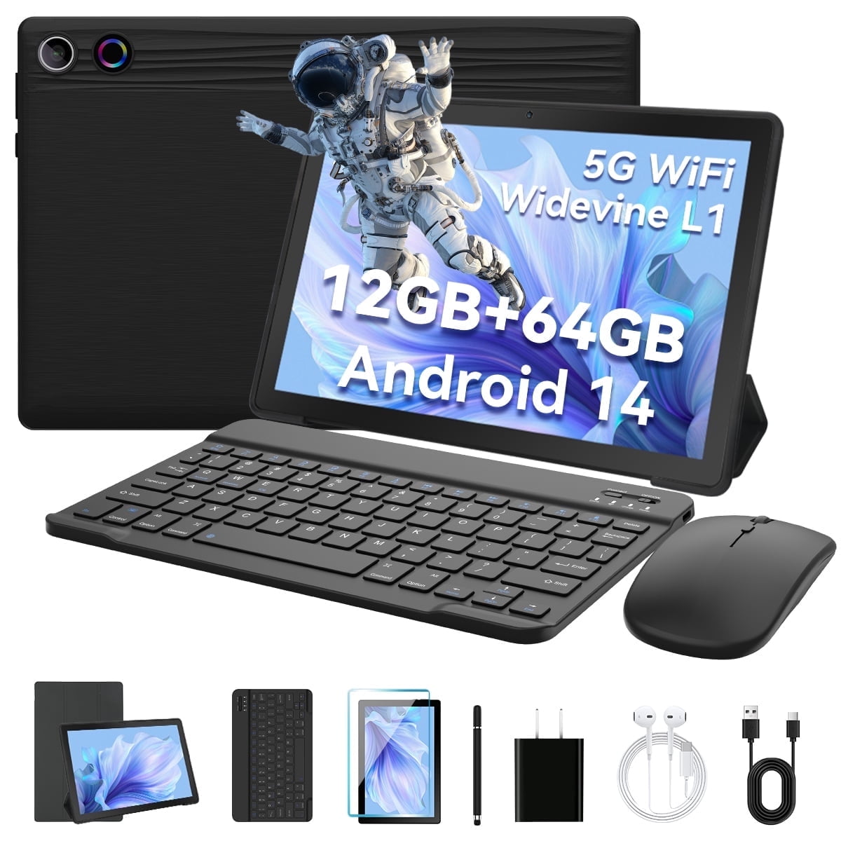 AEEZO Android 14 10 inch Tablet with Case,Octa Core IPS HD Touch Screen, 10GB RAM + 64GB ROM(TF 1TB), Widevine L1, 5000mAh, Wi-Fi 6,Face Unlocked,Black+Keyboard & Mouse Set Black