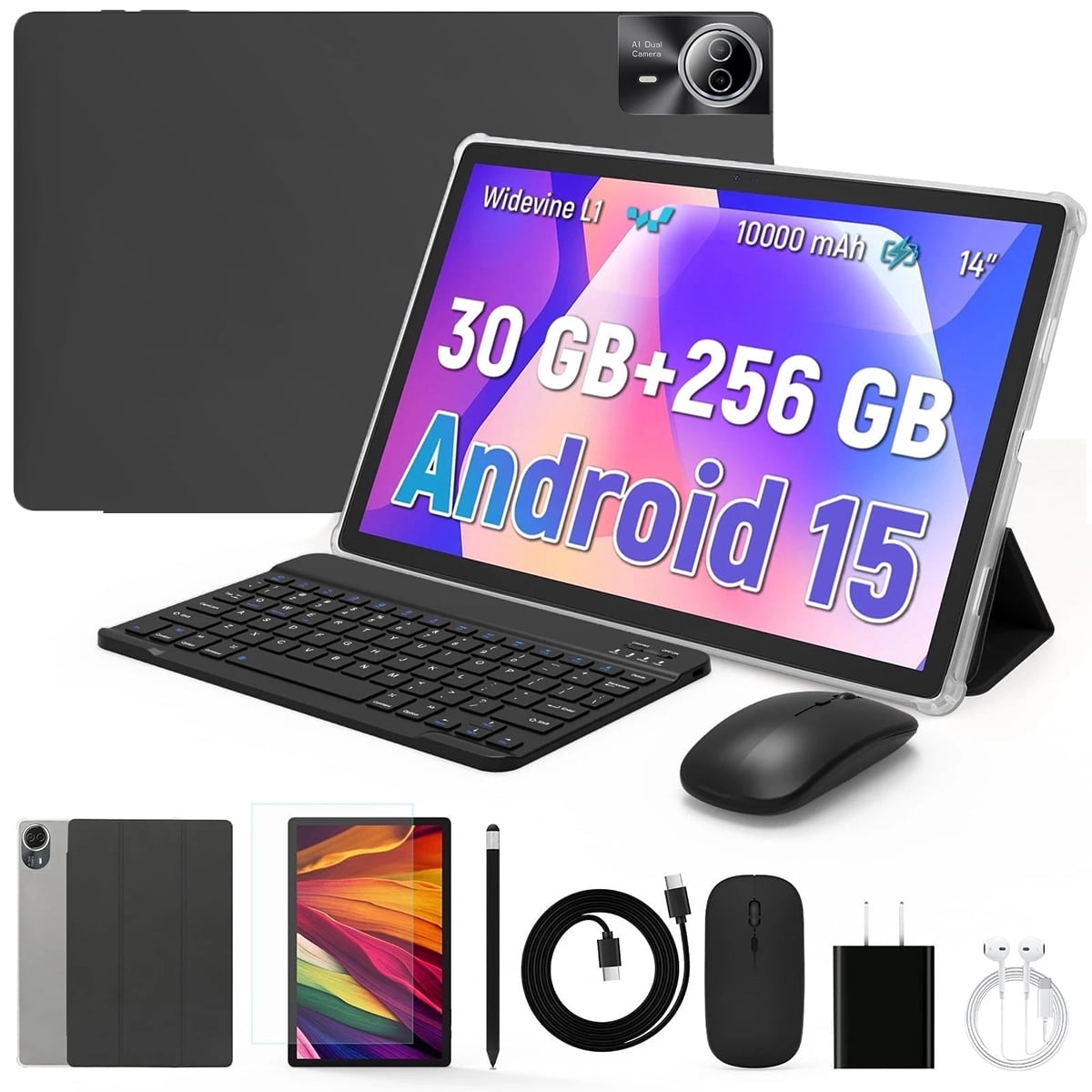 14 inch Large Screen Tablet,Android 15 Tablet Set with Keyboard Case Mouse Stylus Pen,30GB RAM 256GB ROM,1920*1200 FHD Display, 5MP+8MP Dual Camera 10000mAh battery WiFi6 Bluetooth
