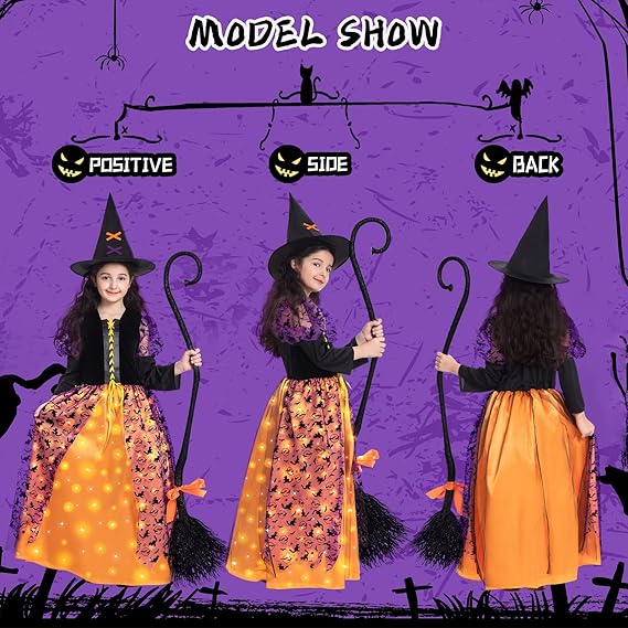 Witch Halloween Costume for Girls, Light Up Witch Dress Deluxe Outfit with Hat and Broom, for Halloween Party