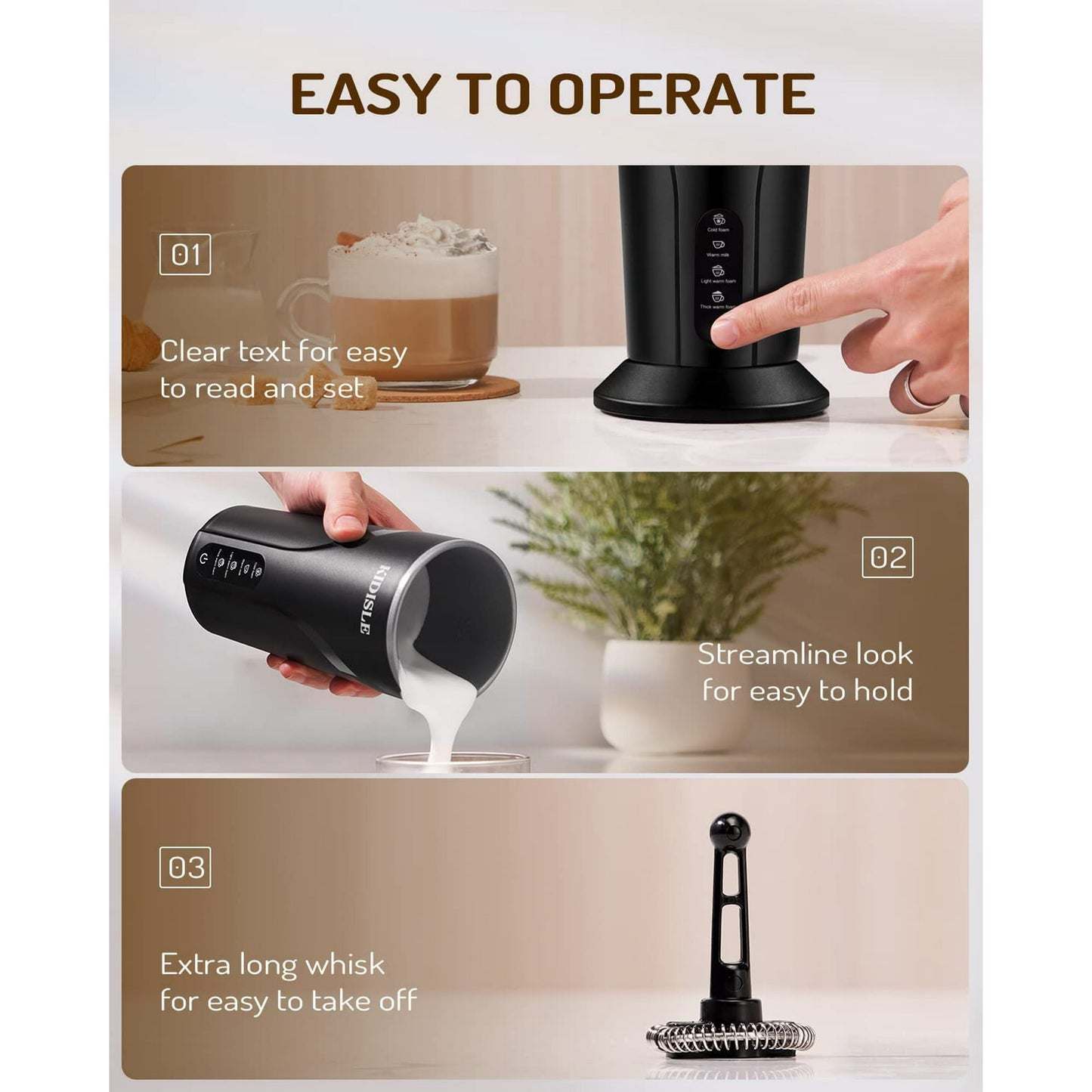 KIDISLE 4-in-1 Milk Frother and Steamer, Electric Milk Steamer with Keep Warm Function, Automatic Warm and Cold Foam Maker for Coffee, Latte, Hot Chocolate, Macchiato, Cappuccinos, Black