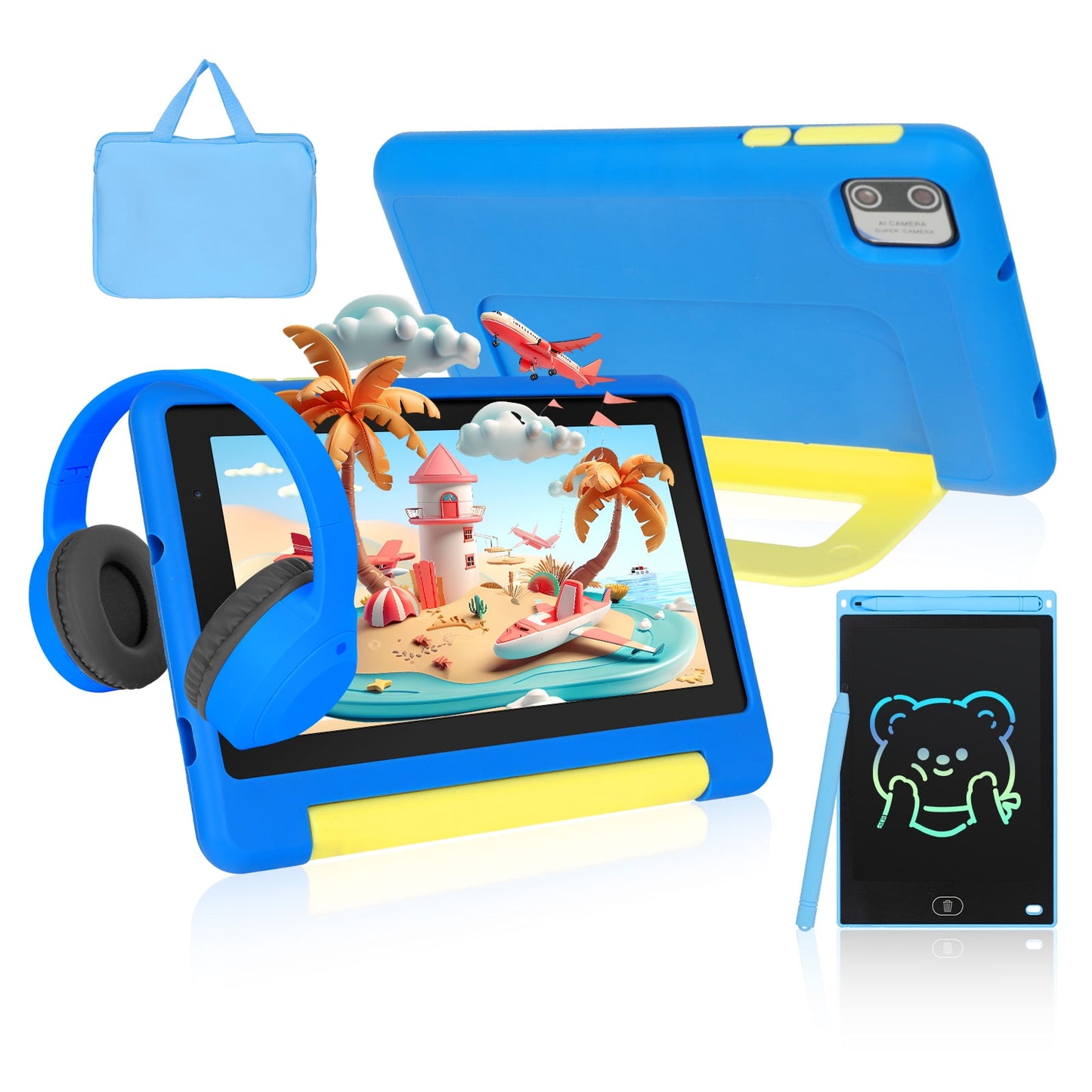 Kids Learning tablet Bundle 7inch for Kids, 8GB RAM+64GB ROM (Expand to 128GB), Parental Control, Kids Software Pre-Installed, Dual Camera - Headphones, Stylus & Bag,Blue