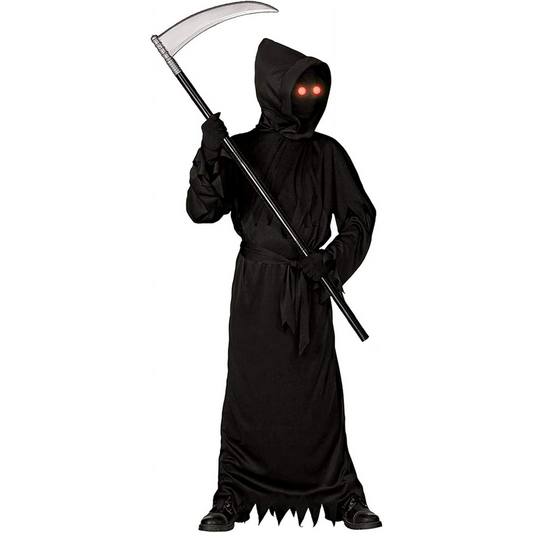 Adult Grim Reaper Costume with Glowing Red Eyes Halloween Scythe Set