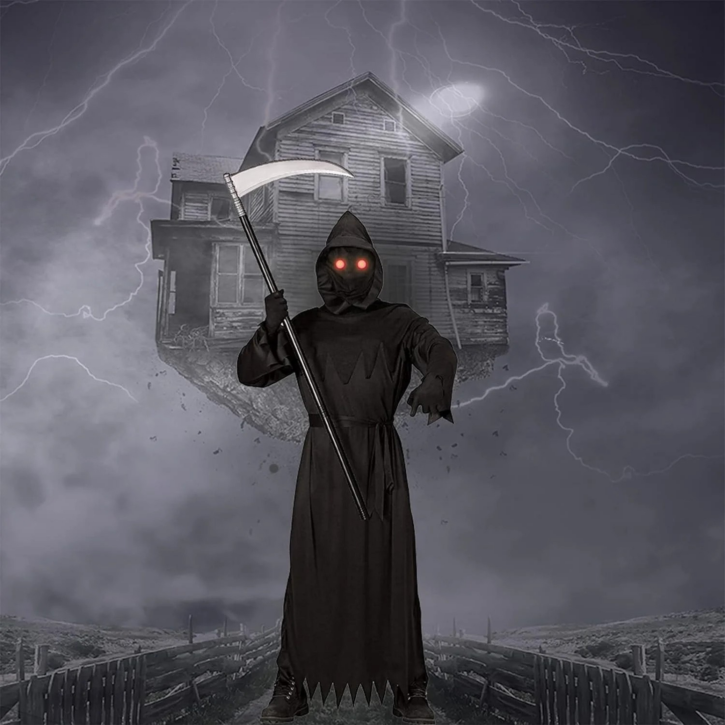 Adult Grim Reaper Costume with Glowing Red Eyes Halloween Scythe Set