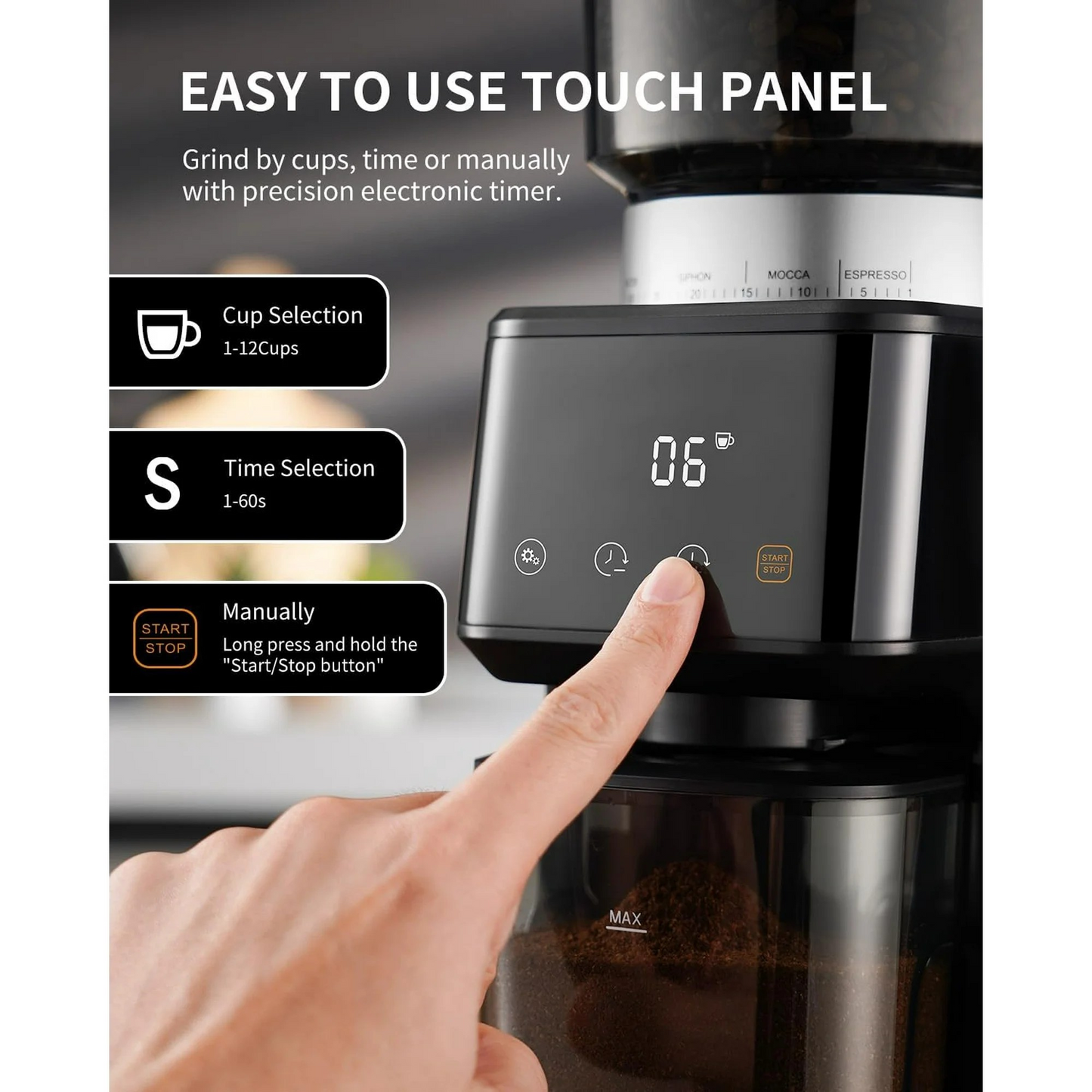 GDOR Conical Burr Espresso Coffee Grinder Electric with Precision Timer 2.0, Touchscreen Adjustable Burr Mill with 51 Precise Settings for Home Use, Anti-static, Stainless Steel