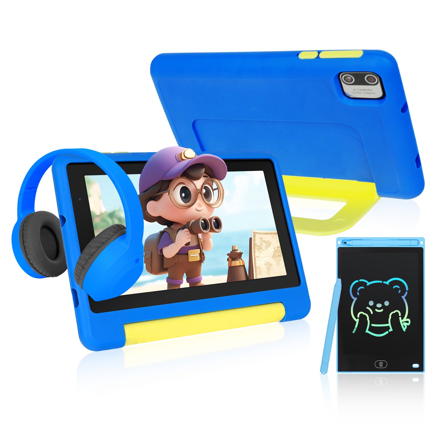 Kids Learning tablet Bundle 7inch for Kids, 8GB RAM+64GB ROM (Expand to 128GB), Parental Control, Kids Software Pre-Installed, Dual Camera - Headphones, Stylus & Bag,Blue