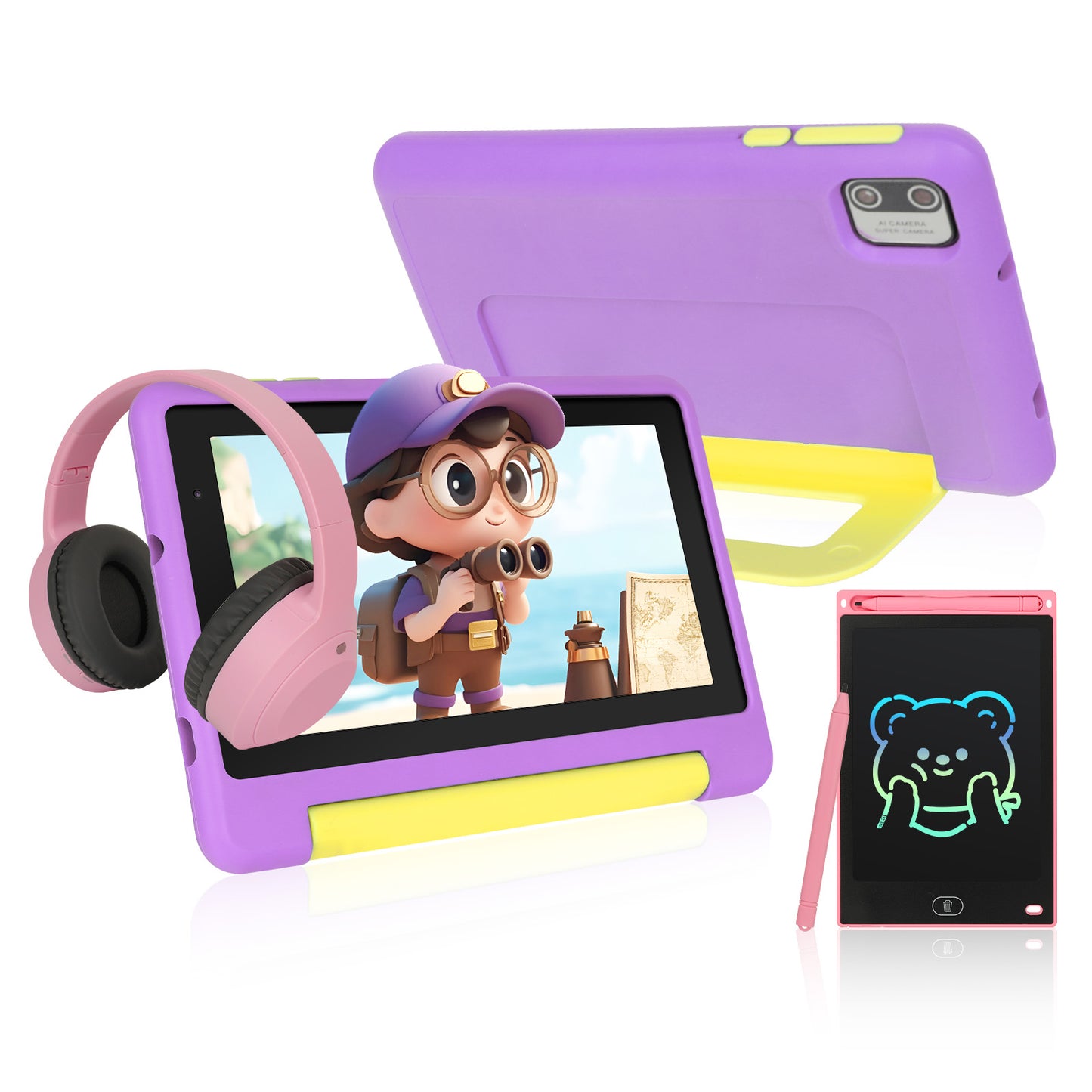 Kids Learning tablet Bundle 7inch for Kids, 8GB RAM+64GB ROM (Expand to 128GB), Parental Control, Kids Software Pre-Installed, Dual Camera - Headphones, Stylus & Bag,Blue