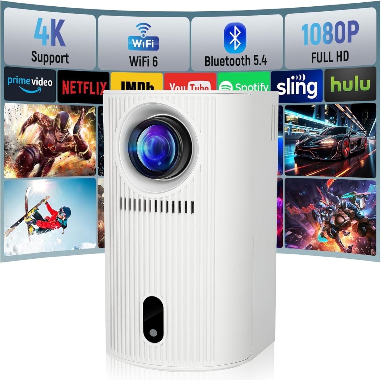 Maypug Mini Projector with WIFI 6 and Bluetooth, 4K 1080P Support Projector Screen Movie Projector,120'' Screen Auto Keystone Compatible for Laptop, PC, Smartphone