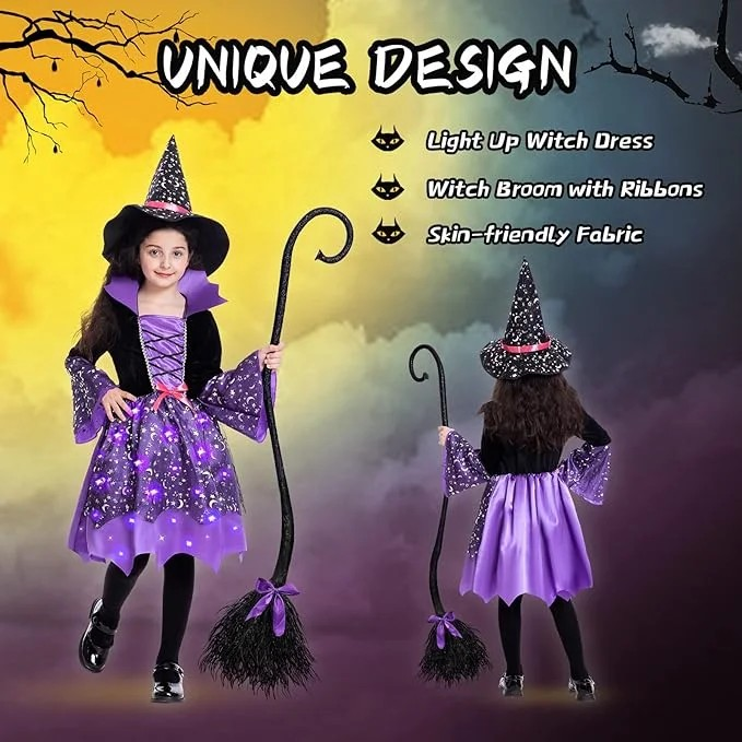 Light Up Witch Costume for Girls, Witch Halloween Costumes with Witch Broom Hat Dress for Halloween Party Gift