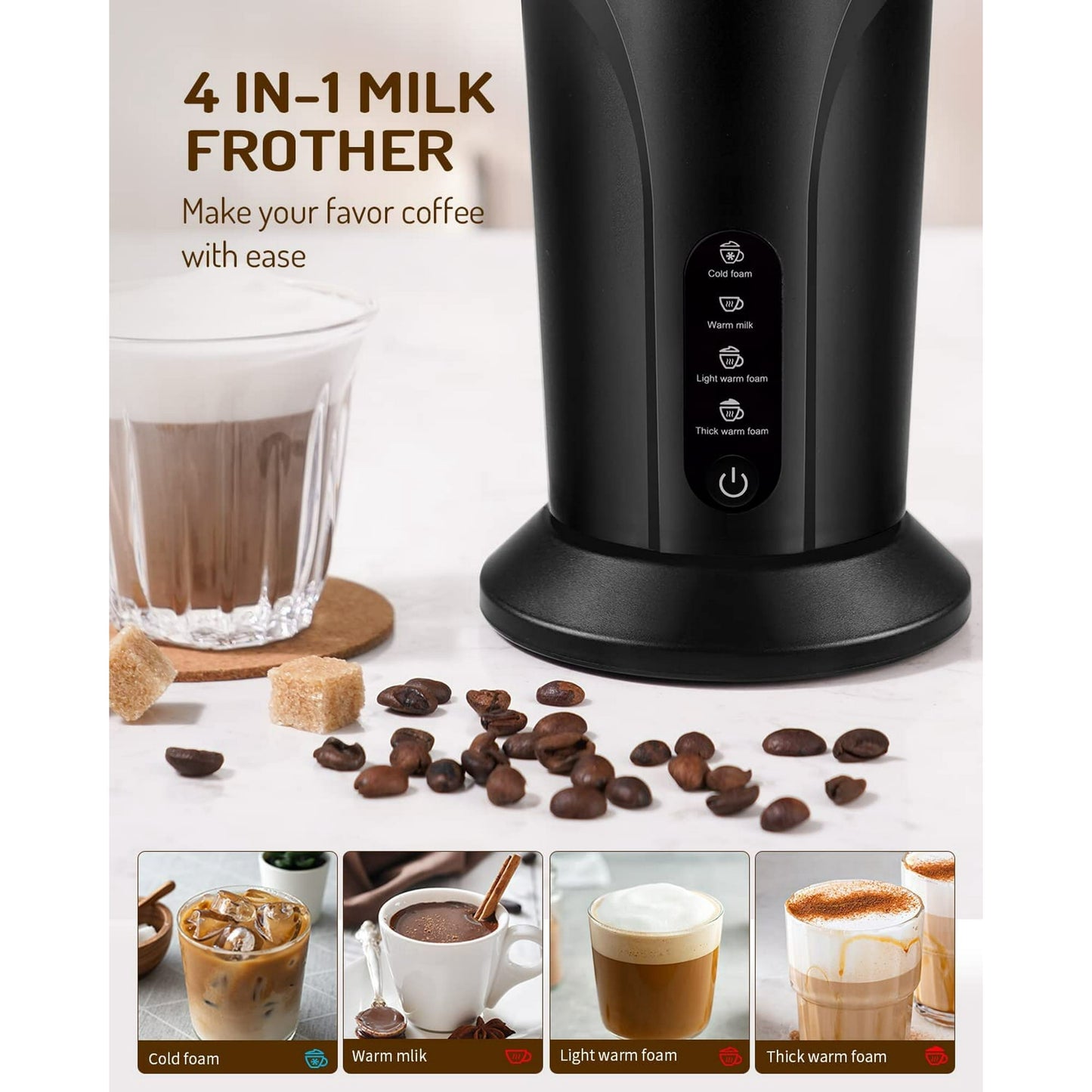 KIDISLE 4-in-1 Milk Frother and Steamer, Electric Milk Steamer with Keep Warm Function, Automatic Warm and Cold Foam Maker for Coffee, Latte, Hot Chocolate, Macchiato, Cappuccinos, Black