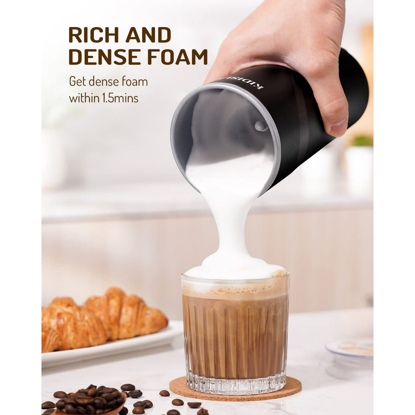 KIDISLE 4-in-1 Milk Frother and Steamer, Electric Milk Steamer with Keep Warm Function, Automatic Warm and Cold Foam Maker for Coffee, Latte, Hot Chocolate, Macchiato, Cappuccinos, Black