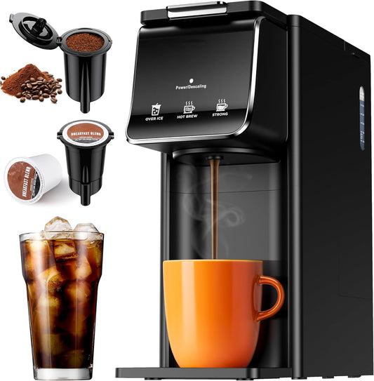 Hot Iced Coffee Maker for K-Cups Ground Coffee, Single-Serve Brewer with Bold Setting, Reusable Filter, Travel Mug Friendly, Compact Quick Brew, Black