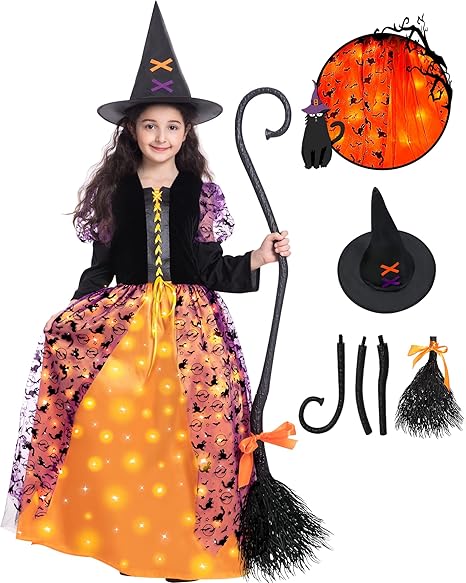 Witch Halloween Costume for Girls, Light Up Witch Dress Deluxe Outfit with Hat and Broom, for Halloween Party
