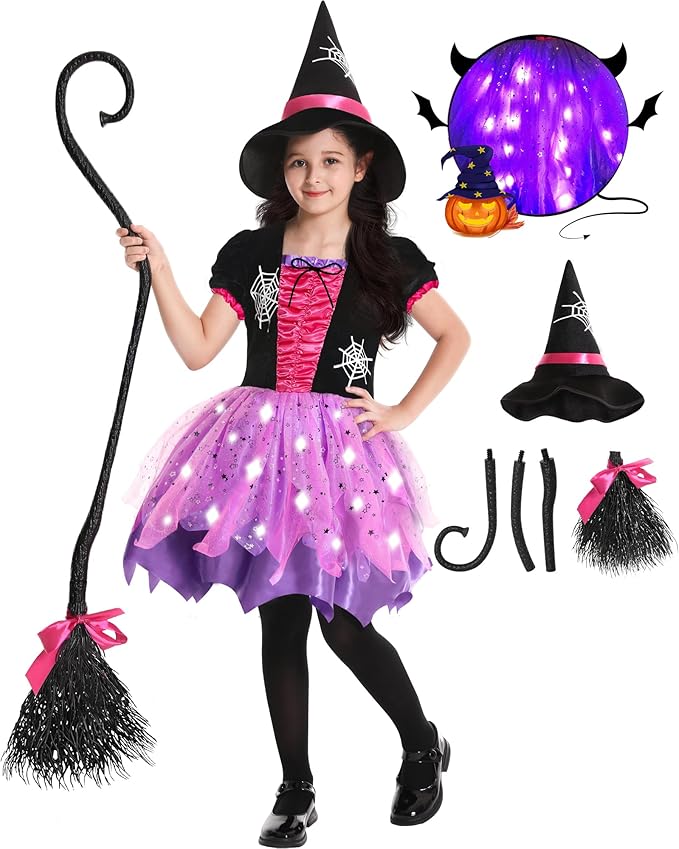 Halloween Witch Costume for Girls, Light Up Witch Dress with Hat and Broom, Toddler Costumes for Role-Play Party