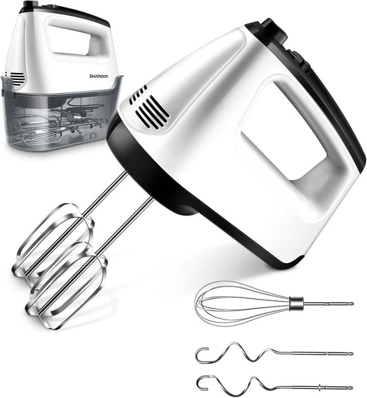 Hand Mixer Electric, 6-Speed Electric Hand Mixer with Whisk, Snap-On Storage Case,5 Stainless Steel Accessories, Kitchen Blender with Cord, White