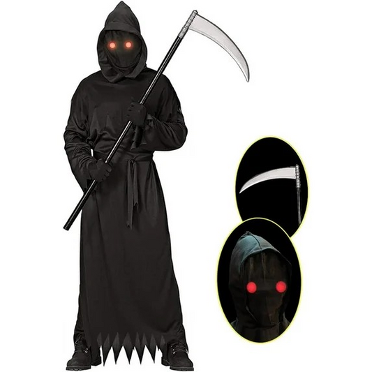 Adult Grim Reaper Costume with Glowing Red Eyes Halloween Scythe Set