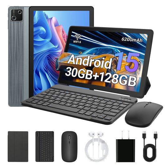 2026 Newest Android 15 Tablet with Keyboard, 30GB(6+24)RAM+128GB Storage(Expand to 1TB), 6200mAh Battery, Widevine L1, 10 Inch 2-in-1 Tablets with WiFi 6, BT5.0, Mouse, Case, Stylus(Gray)