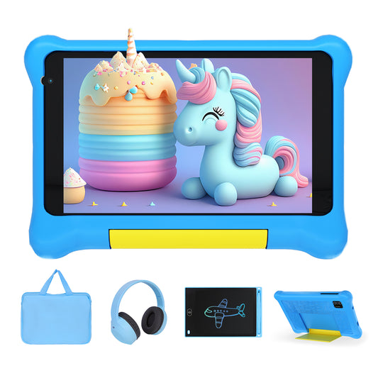 7" Kids Learning Tablet Bundle - Headphones, Stylus & Bag, Pre-Installed & Parental Controls,Android 13 allwinner Go Quad Core, 5GB RAM + 32GB ROM, 128GB Expansion-Blue