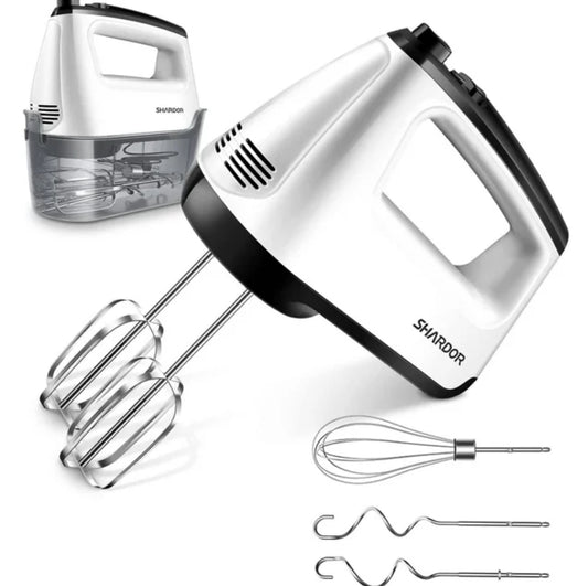 GDOR Hand Mixer Electric, 6-Speed Electric Hand Mixer with Whisk, Snap-On Storage Case,5 Stainless Steel Accessories, Kitchen Blender with Cord for Cream, Cookies, Dishwasher Safe, White