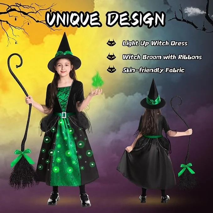 Girls Witch Halloween Costumes, Light Up Halloween Witch Dress with Broom and Hat for Kids Cosplay Party