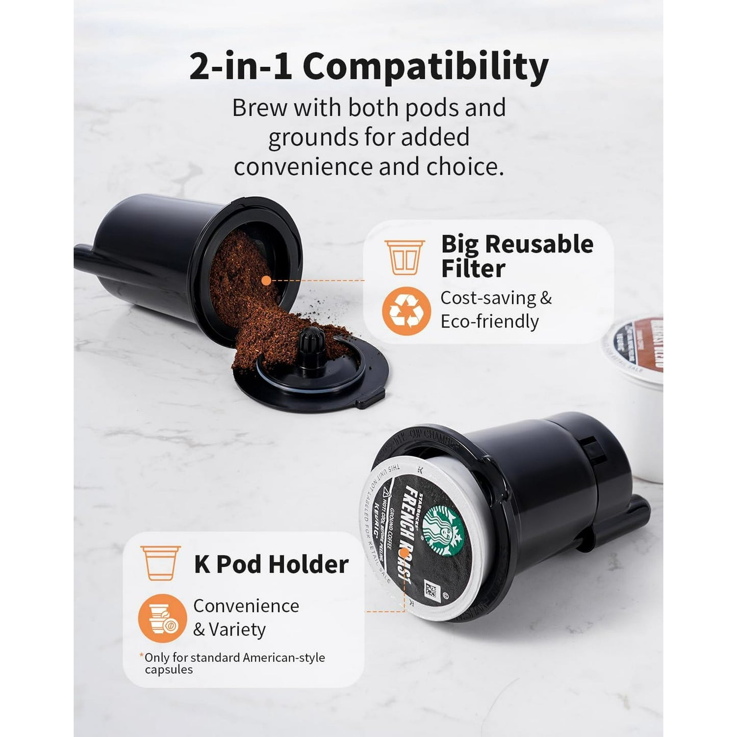 KIDISLE Hot & Iced Coffee Maker with Bold Setting, Single Serve Coffee Maker for K Cup and Grounds, 6-14 oz Brew Sizes, 50 oz Removable Water Tank, One Cup Coffee Machine with Reusable Filter, Black