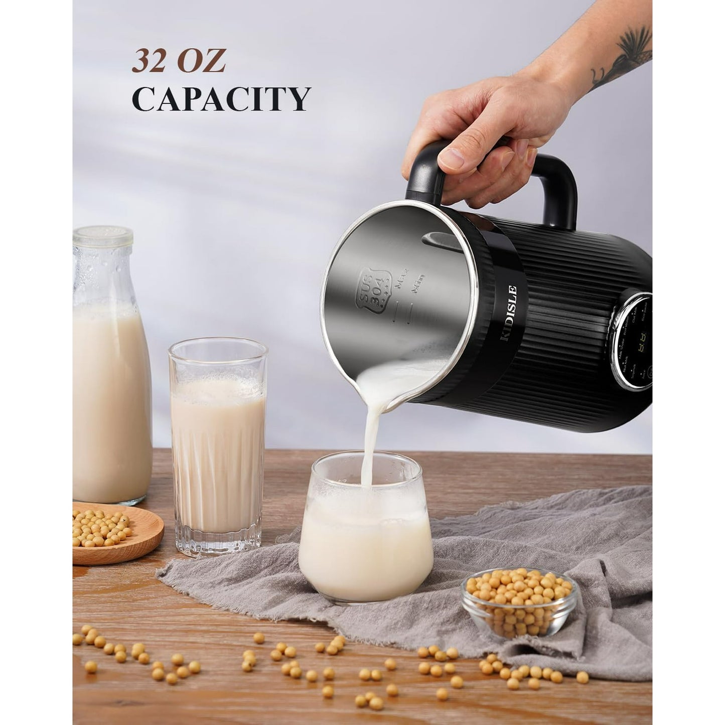 32oz Automatic Soy Machine for Homemade Almond, Oat, Coconut, Soy, Plant Based Milks and Non Dairy Beverages with Delay Start/Keep Warm/Self-Cleaning/Boil Water, Black