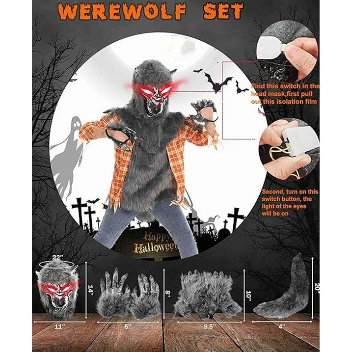 Boys Werewolf Costume with Light Up Mask - Full Set Gloves, Shoe Covers, Tail, Fangs