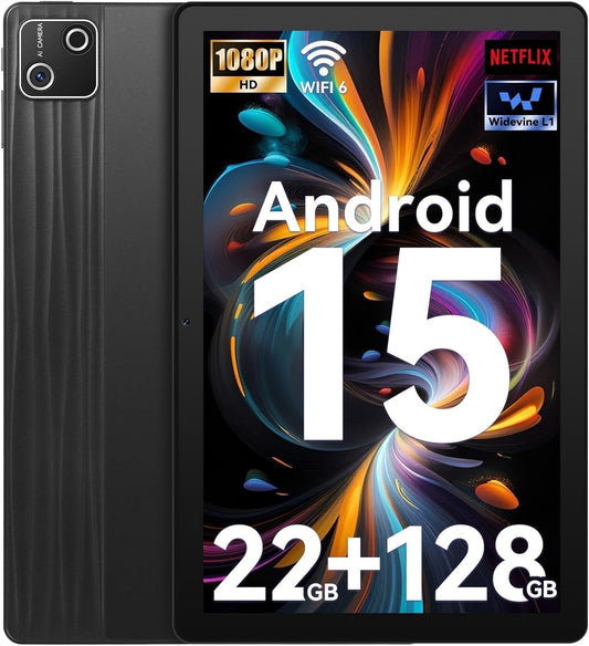 2025 Latest Android 15 Tablet - Tablet 10 Inch with 22GB + 128GB + 1TB TF Octa Core and Widevine L1, Wi-Fi 6G/BT 5.3, 6200mAh, 5+8MP, Computer Mode Supported - Black