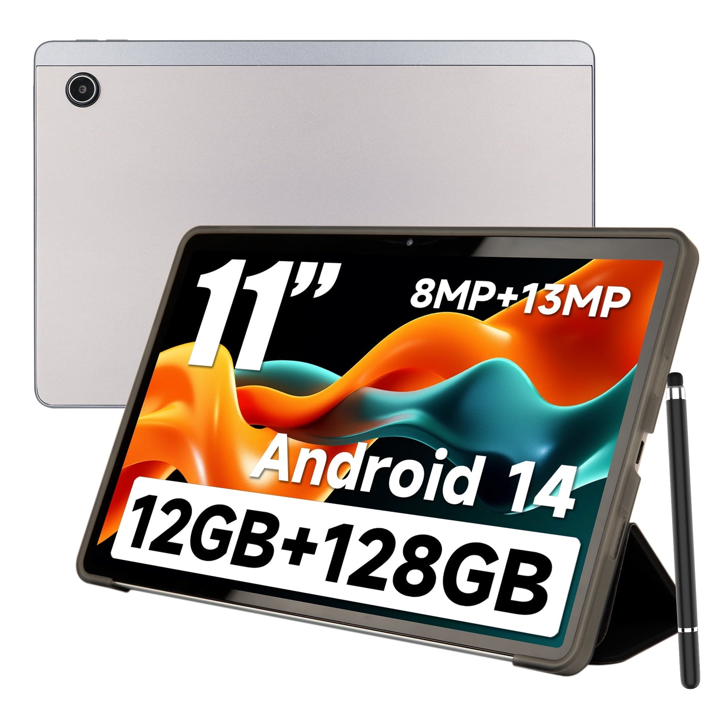 AEEZO 11inch 2K Tablet Android 14 with Octa-Core Processor,12GB RAM + 128GB ROM(1TB TF Extensions),2000x1200 FHD IPS Display,8MP+13MP, Split-Screen, 6800mAh,Wi-Fi 6,Silver with Case