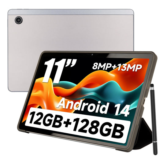 AEEZO 11inch 2K Tablet Android 14 with Octa-Core Processor,12GB RAM + 128GB ROM(1TB TF Extensions),2000x1200 FHD IPS Display,8MP+13MP, Split-Screen, 6800mAh,Wi-Fi 6,Silver with Case