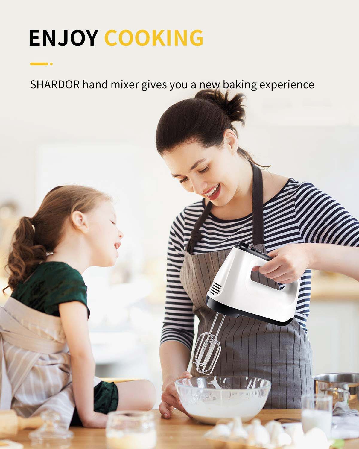 Hand Mixer Electric, 6-Speed Electric Hand Mixer with Whisk, Snap-On Storage Case,5 Stainless Steel Accessories, Kitchen Blender with Cord, White