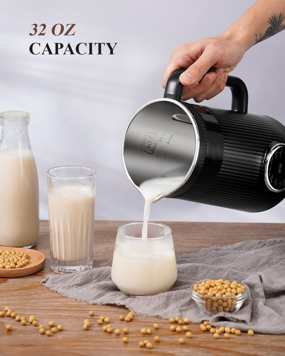32oz Automatic Soy Machine for Homemade Almond, Oat, Coconut, Soy, Plant Based Milks and Non Dairy Beverages with Delay Start/Keep Warm/Self-Cleaning/Boil Water, Black