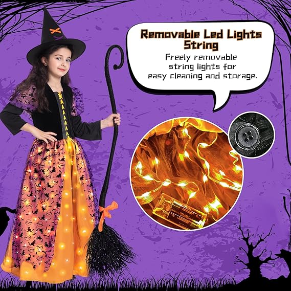 Witch Halloween Costume for Girls, Light Up Witch Dress Deluxe Outfit with Hat and Broom, for Halloween Party