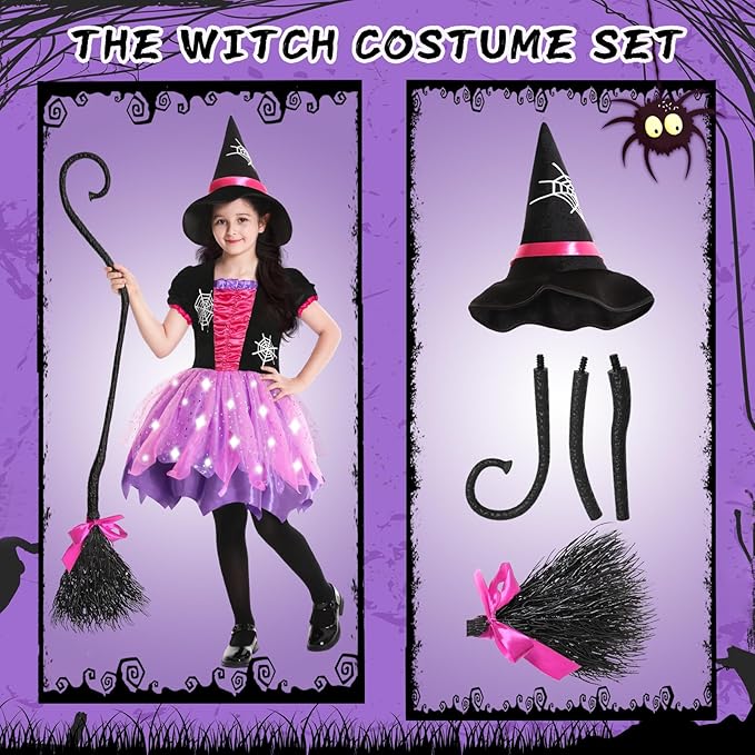 Halloween Witch Costume for Girls, Light Up Witch Dress with Hat and Broom, Toddler Costumes for Role-Play Party