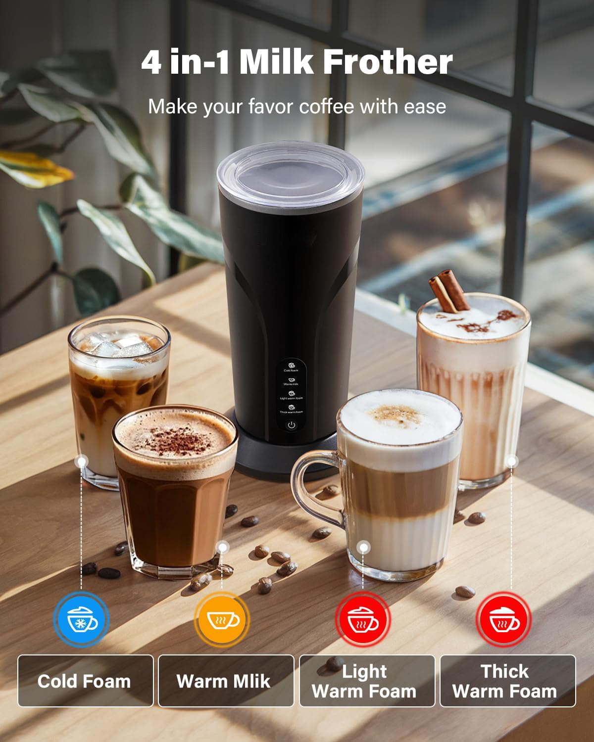 4-in-1 Milk Frother and Steamer, Electric Milk Steamer with Keep Warm Function, Automatic Warm and Cold Foam Maker for Coffee, Latte, Hot Chocolate, Macchiato, Cappuccinos, Black