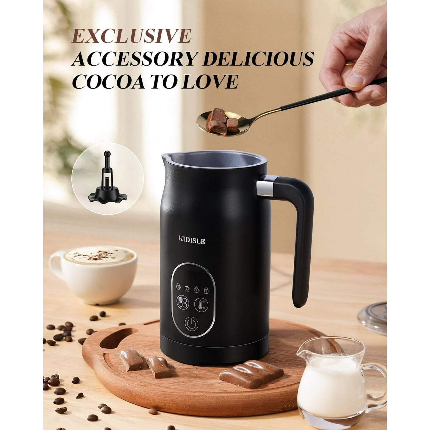 KIDISLE Electric Milk Frother, 4 In 1 Milk Frother and Steamer With Temperature Control, Automatic Warm and Cold Foam Maker for Coffee, Latte, Hot Chocolate, Cappuccinos, Macchiato, Black