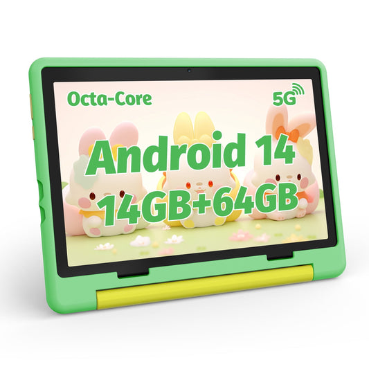 Android 14 10'' Kids Tablet,14GB+64GB with Quad-Core Processor, Expandable Memory to 1TB,Support 5G WiFi,5000 mAh Battery,Eye Care HD Display with Kids Education,Green