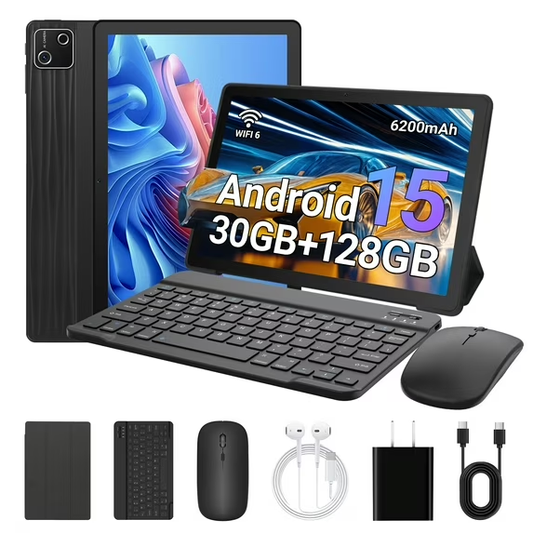 AEEZO 2025 Android 15 Tablet with Keyboard, 30GB(7+23)RAM+128GB Storage(Expand to 1TB), 6200mAh Battery, Widevine L1, 10 Inch 2-in-1 Tablets with WiFi 6, BT5.0, Mouse, Case, Stylus(Black)