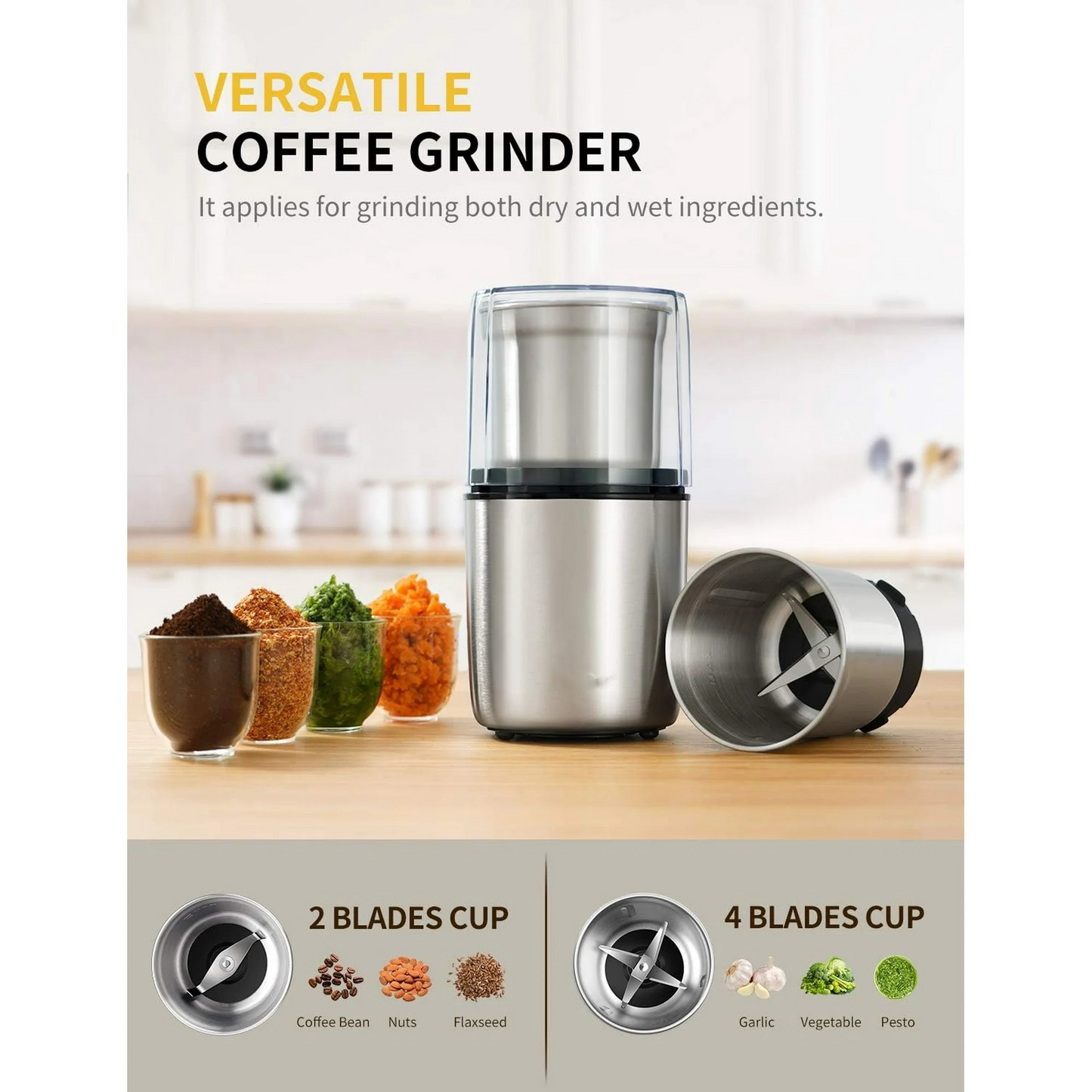 GDOR Coffee Grinder Electric Herb/Wet Grinder for Spices and Seeds with 2 Removable Stainless Steel Bowls, Silver