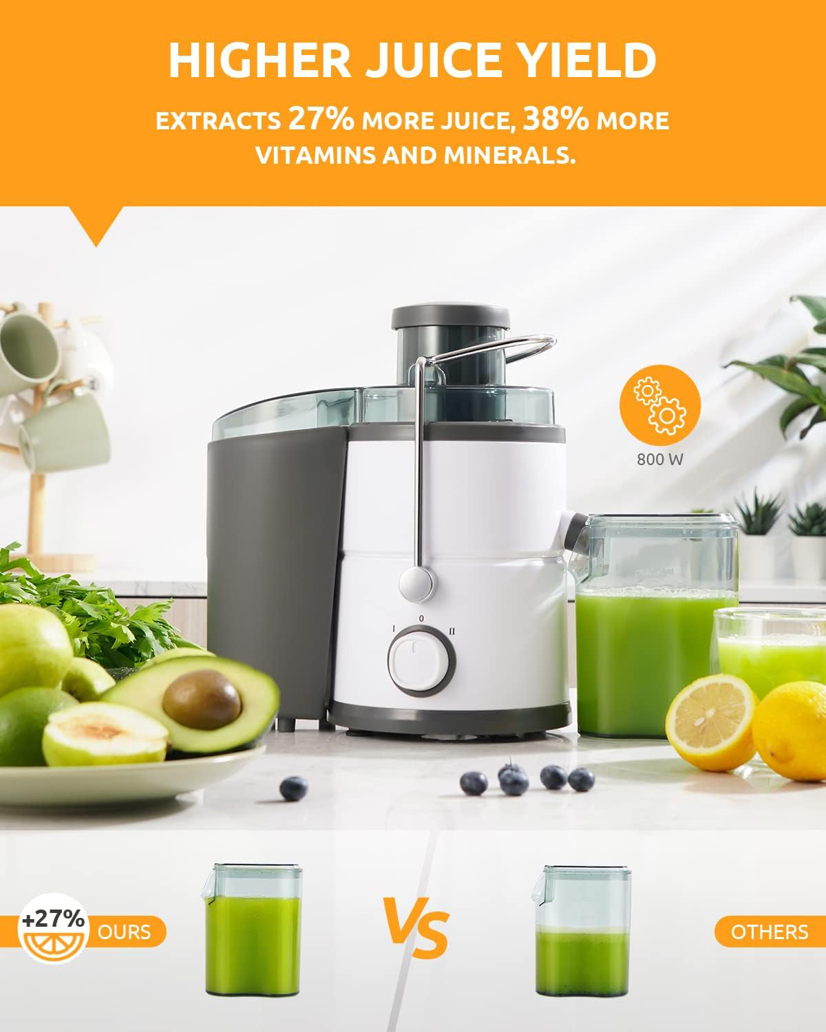 Juicer with 800W Motor, SHARDOR Juicer Machine with 3” Feed Chute, Dual Speeds Juice Maker for Fruits and Veggies, Anti-Drip Function Centrifugal Juicer, Include Cleaning Brush, BPA-Free, White