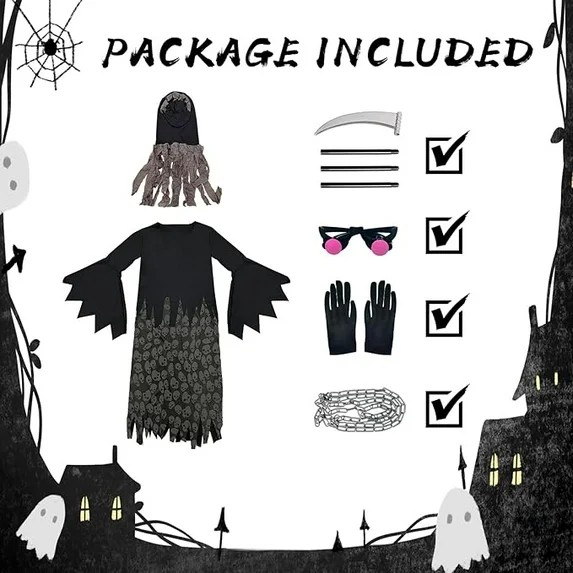 Kids Grim Reaper Costume with Glowing Red Eyes, Halloween Phantom Outfit Includes Scythe & Gloves