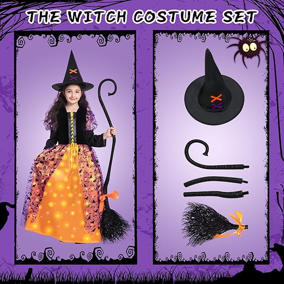 Witch Halloween Costume for Girls, Light Up Witch Dress Deluxe Outfit with Hat and Broom, for Halloween Party