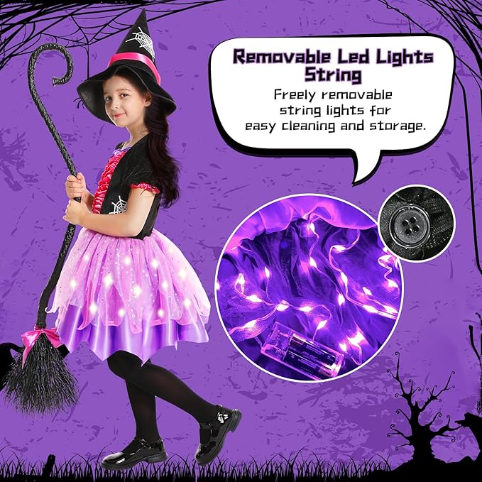 Halloween Witch Costume for Girls, Light Up Witch Dress with Hat and Broom, Toddler Costumes for Role-Play Party