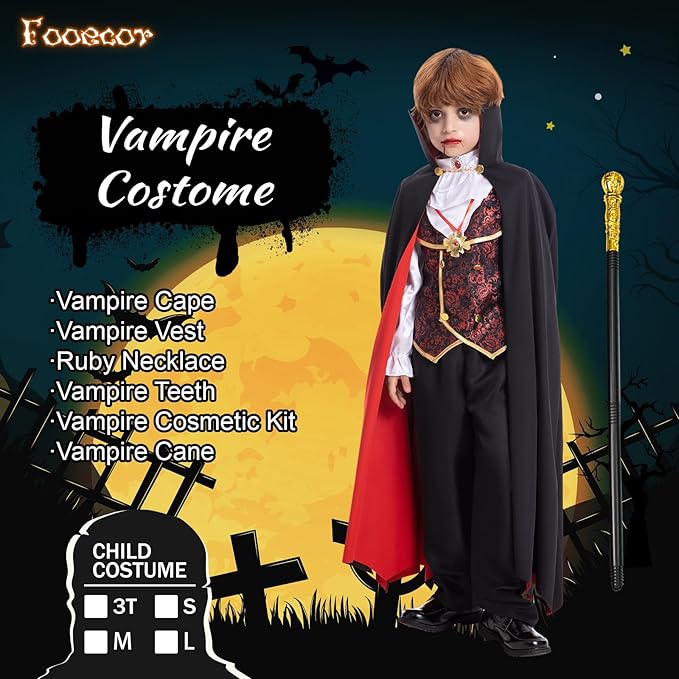 Boys Vampire Costume - Scary Halloween Party, Teeth, Cane & Cosmetic Kit Included