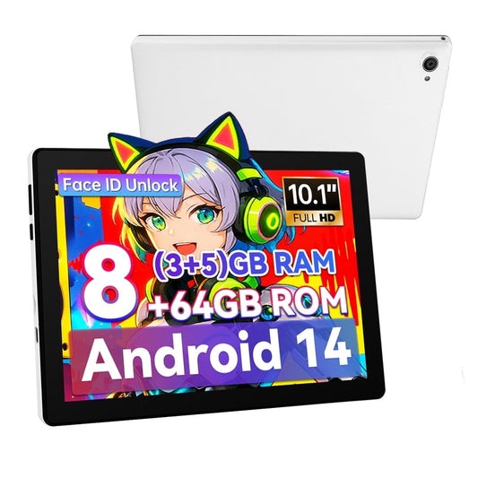 AEEZO Android 14 Tablet 10.1 inch Tablet, 8GB RAM + 64GB ROM (1TB TF), Octa-Core 2.0 GHz, WiFi 6, Bluetooth 5.0, Widevine L1, 5MP + 8MP, 5000mAh, White